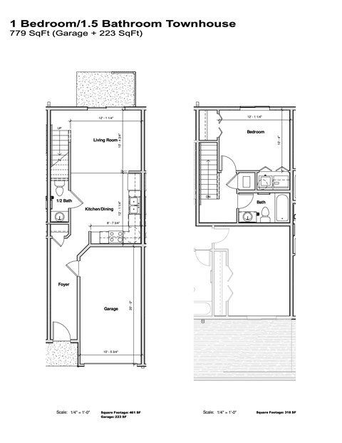 A floor plan for a 1 Bedroom/1.5 Bathroom Townhouse.
